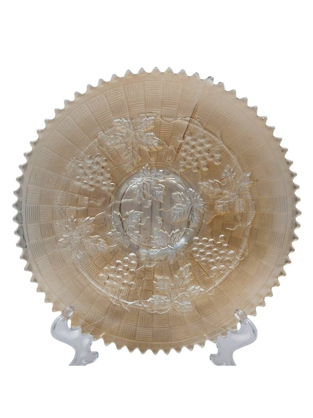 Northwood Carnival Glass Plate Grape & Cable White Pearl Iridescent Antique 1910